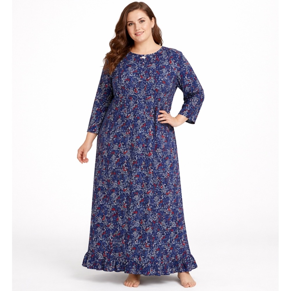 Only Necessities Women Long Nightgown Plus 3X 100% Cotton Floral Bird Print Blue